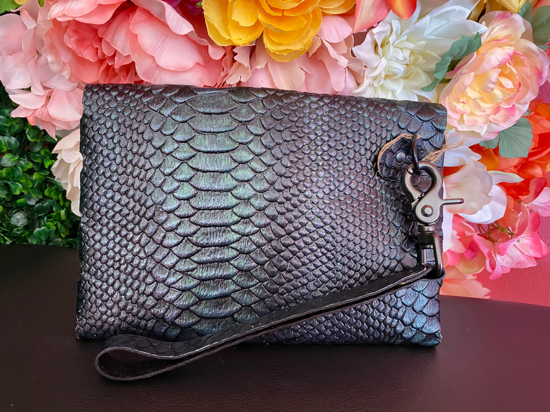 Women’s Iridescent Green Snakeskin Clutch