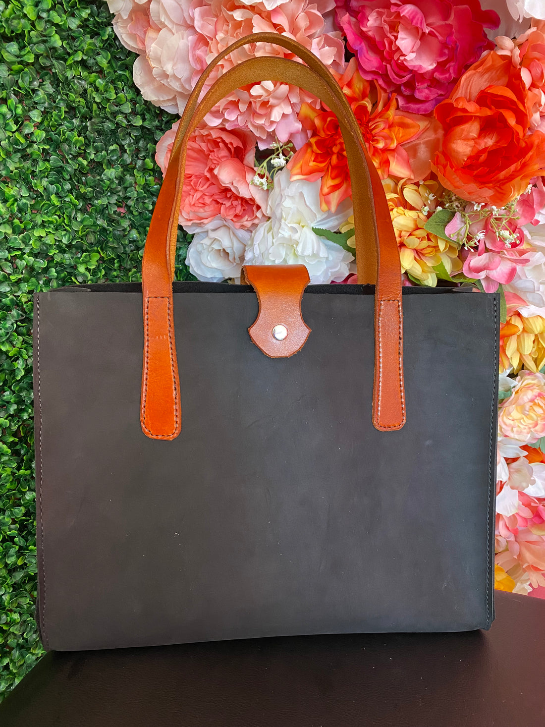 Black Leather Tote Bag with Saddle Brown Handles