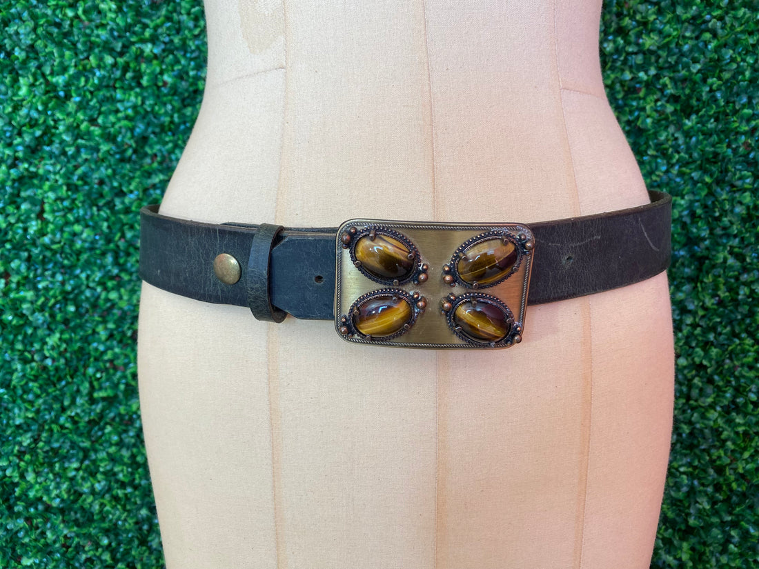Woman’s Green Water Buffalo Leather Belt with Antique Tiger’s Eye Buckle